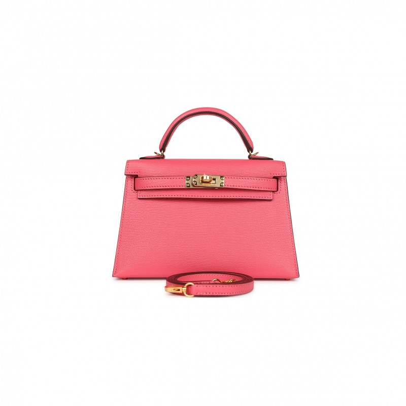 HERMÈS MINI KELLY II SELLIER ROSE AZALEE CHEVRE MYSORE GOLD HARDWARE (19*12*5.5cm) 