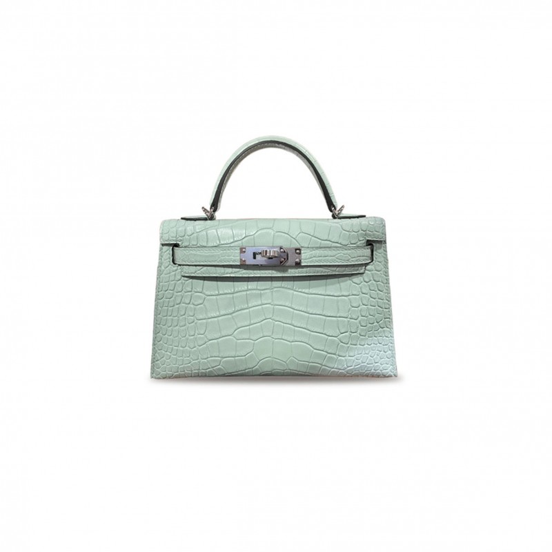 HERMÈS MASTER MINI KELLY II MATTE CROCODILE LEATHER MINT GREEN SILVER BUCKLE (19*12*5.5cm) 