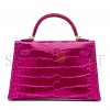 HERMÈS MASTER MINI KELLY II GLOSSY ALLIGATOR ROSE (19*12*5.5cm) 