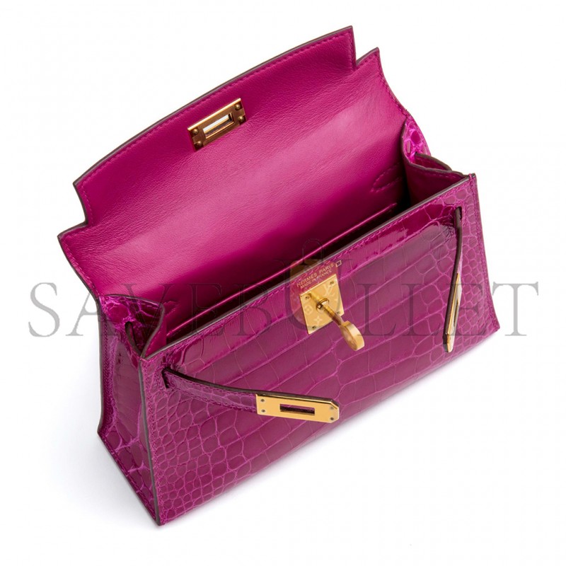 HERMÈS MASTER MINI KELLY II GLOSSY ALLIGATOR ROSE (19*12*5.5cm) 