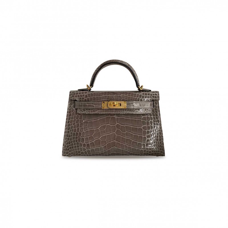 HERMÈS MASTER MINI KELLY II SHINY CROCODILE LEATHER WEIMARANER BEIGE GOLD BUCKLE (19*12*5.5cm) 