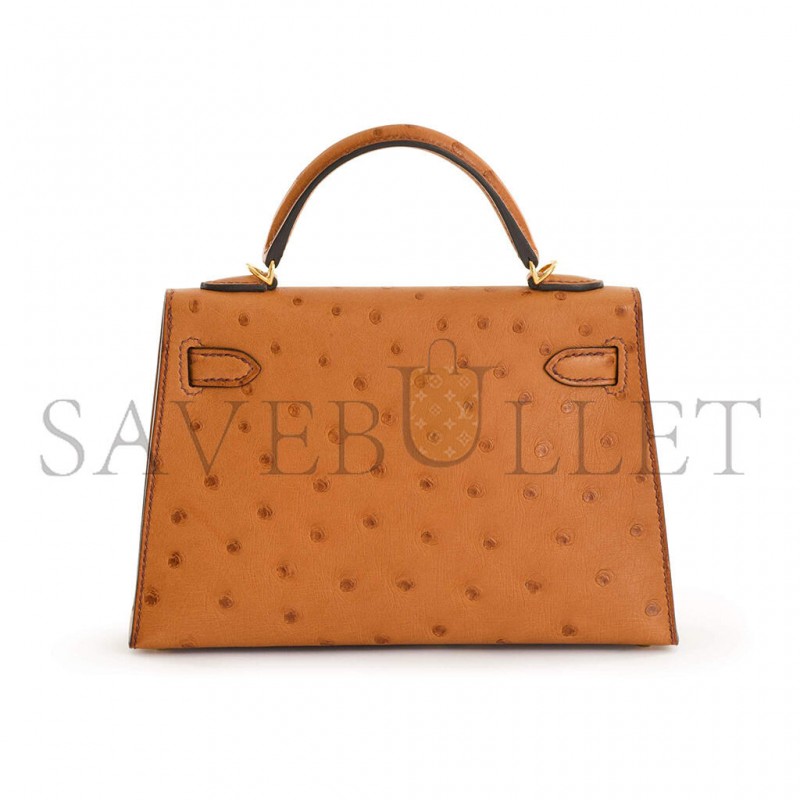 HERMÈS MASTER COGNAC OSTRICH MINI KELLY II GOLD HARDWARE (19*12*5.5cm) 
