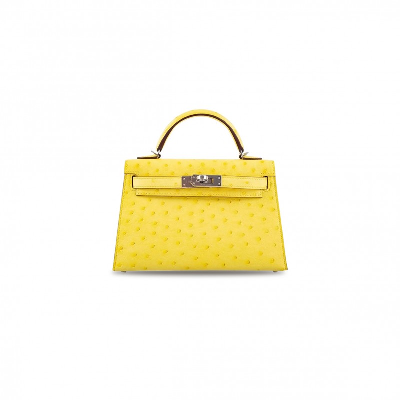 HERMÈS MASTER MINI KELLY II SELLIER JAUNE CITRON OSTRICH PALLADIUM HARDWARE (19*12*5.5cm) 