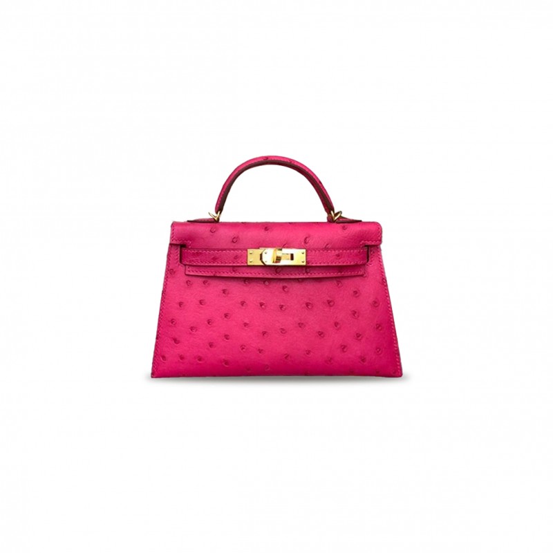HERMÈS MASTER MINI KELLY II OSTRICH LEATHER CANDY PINK GOLD BUCKLE (19*12*5.5cm) 