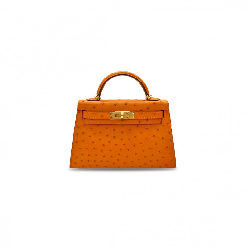 HERMÈS MASTER MINI KELLY II OSTRICH LEATHER CLASSIC ORANGE GOLD BUCKLE (19*12*5.5cm) 