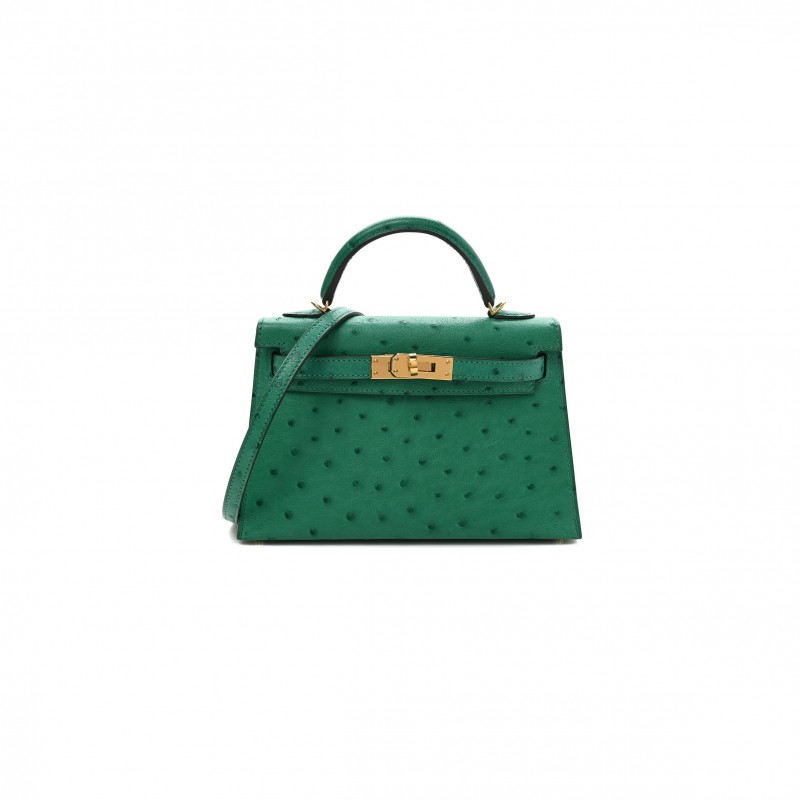 HERMÈS MASTER OSTRICH HORSESHOE KELLY SELLIER MINI 20 VERT VERTIGO GOLD (19*12*5.5cm) 