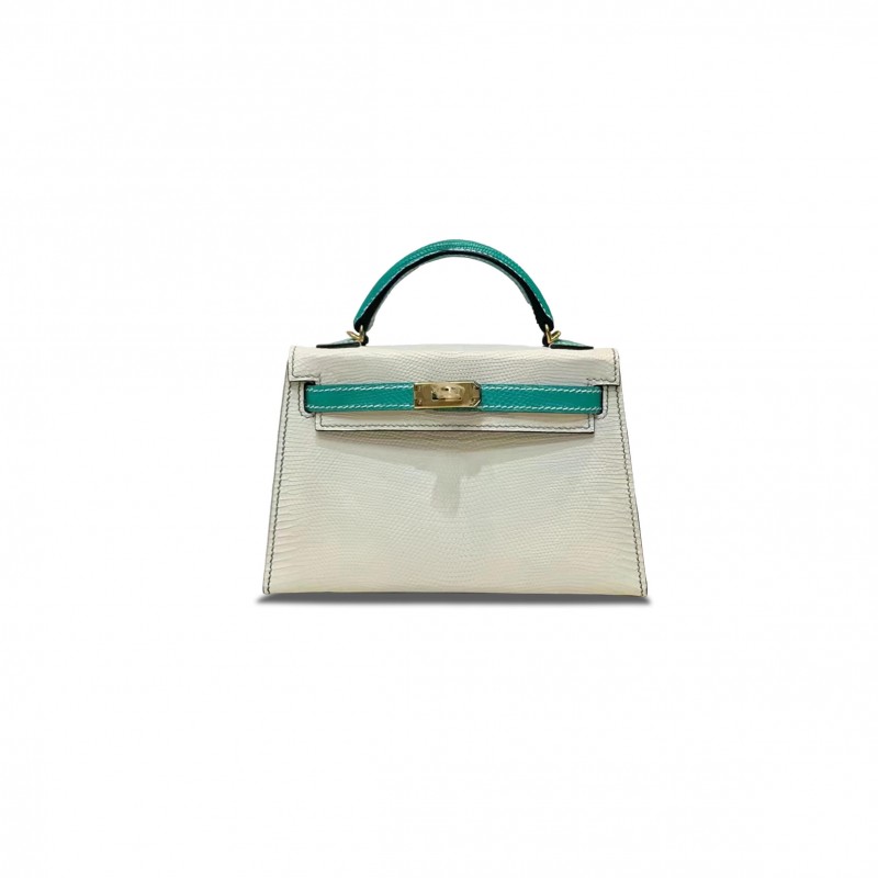 HERMÈS MASTER MINI KELLY II GRIS PERLE SHINY NILO CROCODILE VERT FONCE 21746 (19*12*5.5cm)