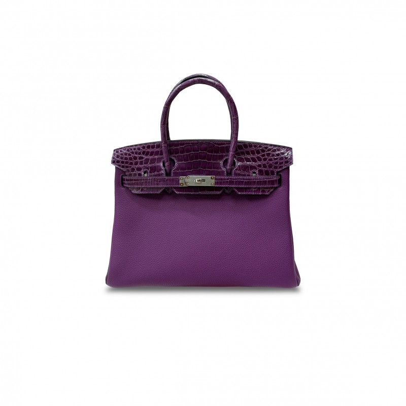 HERMÈS MASTER BIRKIN 30 CROCODILE AND TOGO LEATHER ANEMONE PURPLE SILVER BUCKLE H076235CK05 (30*22*16cm)