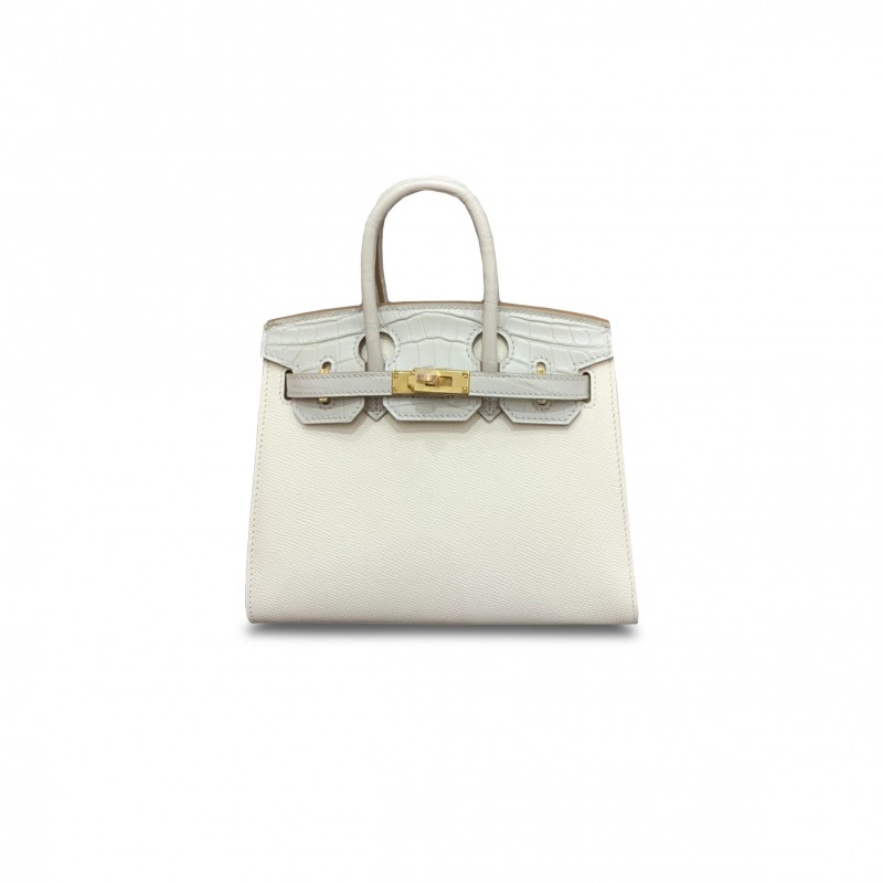 HERMÈS MASTER BIRKIN 20 CROCODILE AND CALF LEATHER MILKSHAKE WHITE GLACIER WHITE GOLD BUCKLE H076210CK01 (20*16*11cm)
