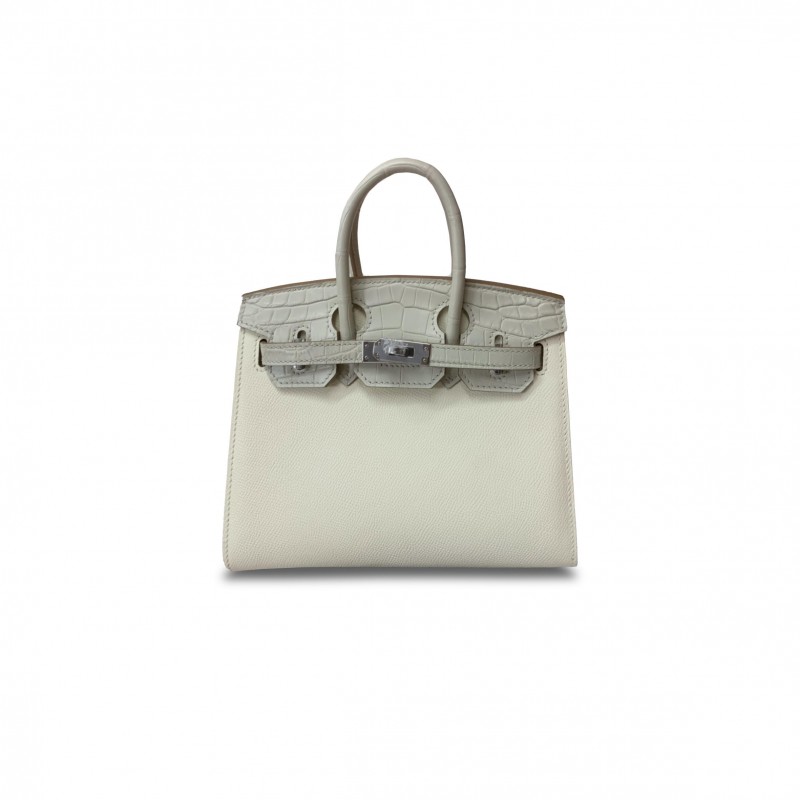 HERMÈS MASTER BIRKIN 20 CROCODILE AND CALF LEATHER MILKSHAKE WHITE GLACIER WHITE SILVER BUCKLE H076210CK06 (20*16*11cm)