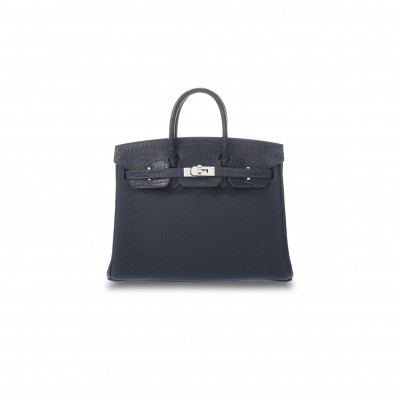 HERMÈS MASTER BIRKIN 25 CROCODILE AND TOGO LEATHER ROYAL BLUE SILVER BUCKLE H076216CK40 (25*20*13cm)