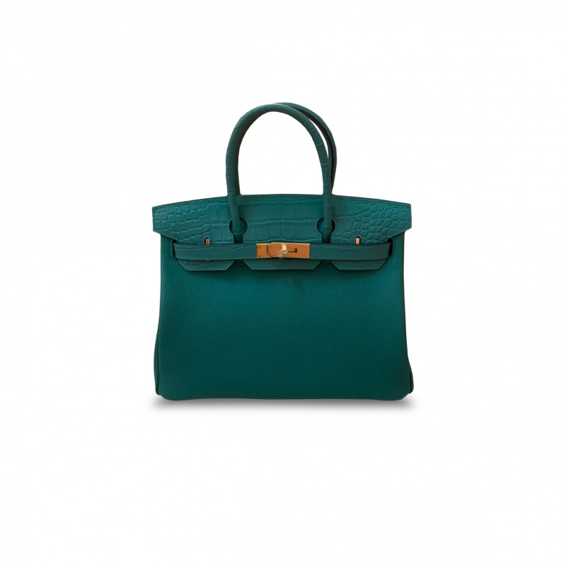 HERMÈS MASTER BIRKIN 30 MATTE CROCODILE AND TOGO LEATHER EMERALD GREEN GOLD BUCKLE H076235CK31 (30*22*16cm)