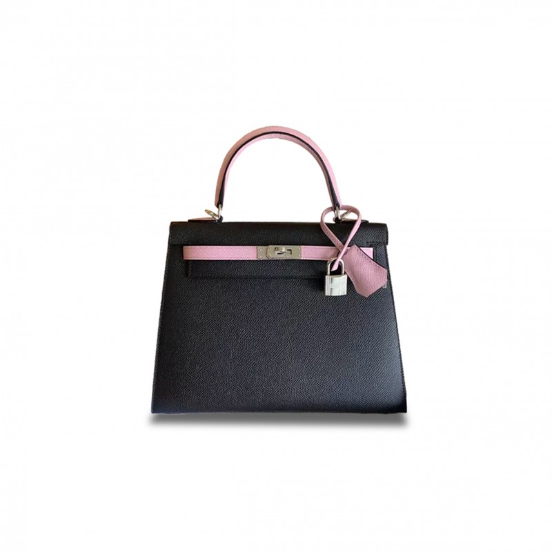 HERMÈS MASTER KELLY 25 EPSOM BLACK WITH MALLOW PURPLE SILVER BUCKLE (25*17*7cm) 