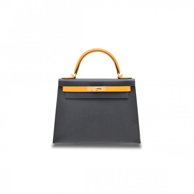 HERMÈS MASTER KELLY 28 EPSOM PEWTER GRAY AND SUN YELLOW (28*22*10cm) 