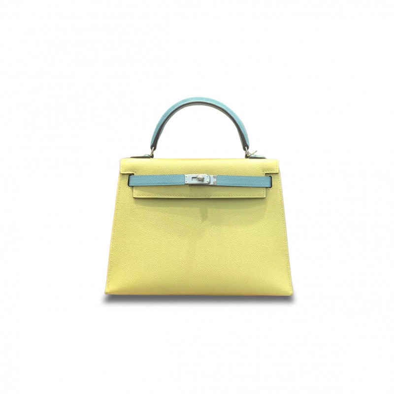 HERMÈS MASTER KELLY 28 EPSOM CHICK YELLOW AND MACARON BLUE SILVER BUCKLE (28*22*10cm) 