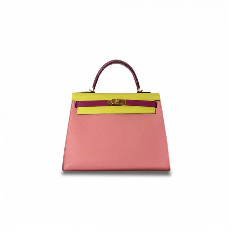 HERMÈS KELLY EPSOM 32 CHERRY PINK ROSE PURPLE LEMON GOLD BUCKLE (32*23*10.5cm) 