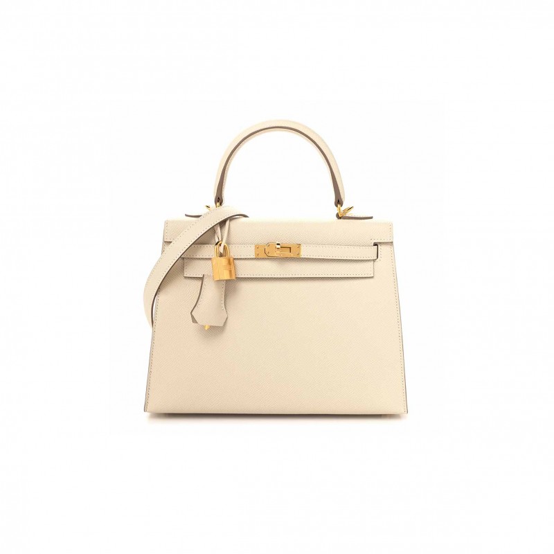 HERMÈS MASTER EPSOM KELLY 25 MILKSHAKE WHITE WITH GOLDEN BROWN LINING (25*17*7cm) 