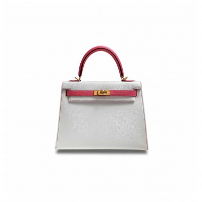 HERMÈS MASTER KELLY 25 EPSOM WHITE LIPSTICK PINK BRUSHED GOLD BUCKLE (25*17*7cm) 