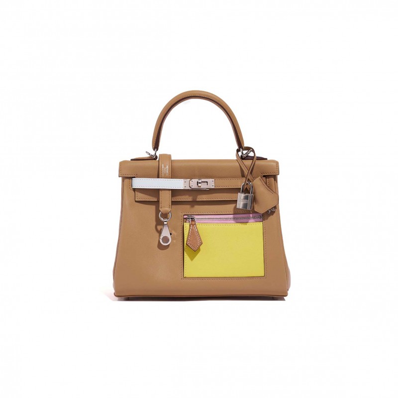 HERMÈS MASTER KELLY 25 SWIFT COLORMATIC CHAI MAUVE BLEU BRUME JAUNE DE NAPLES (25*17*7cm) 