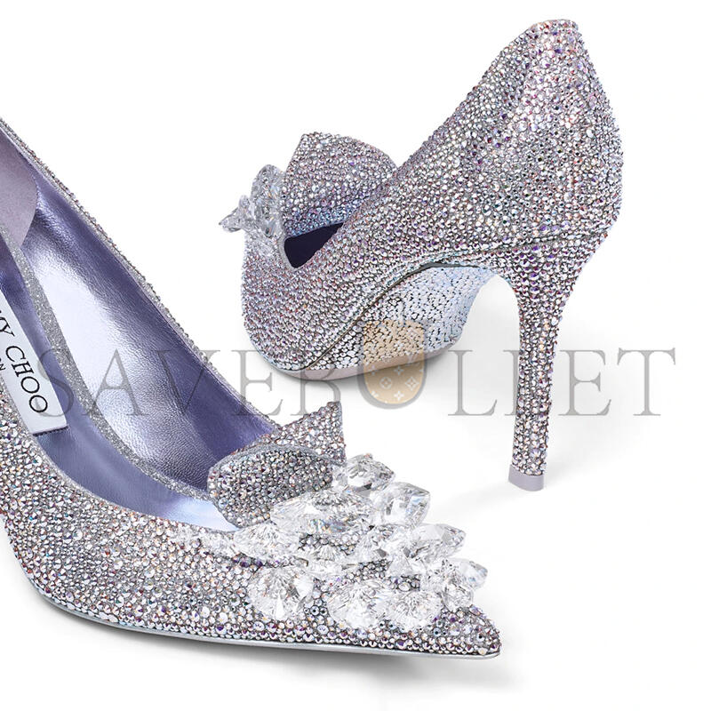 JIMMY CHOO CRYSTAL SLIPPER 85 IRIDESCENT CRYSTAL POINTED-TOE PUMPS WITH HEARTS CRYSTALSLIPPER85CQH