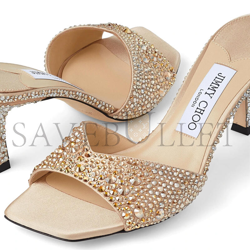 JIMMY CHOO SKYE 70 GOLD SATIN CRYSTAL SANDALS SKYE70DKX