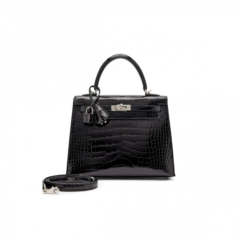 HERMÈS MASTER BLACK SHINY ALLIGATOR KELLY 25 SELLIER PALLADIUM HARDWARE (25*17*7cm) 