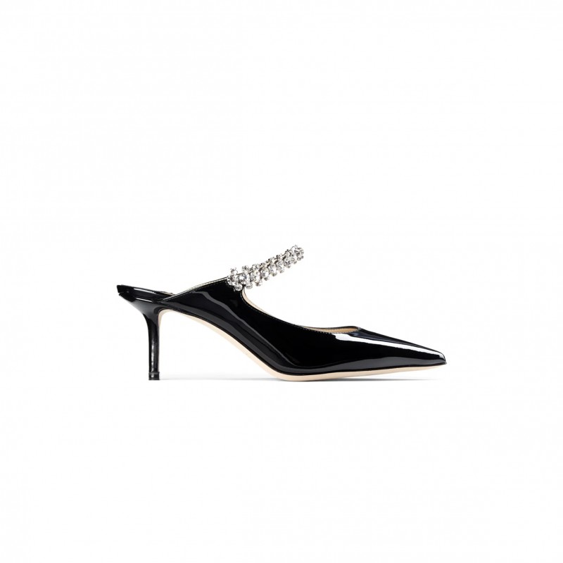 JIMMY CHOO BING 65 BLACK PATENT LEATHER MULES WITH CRYSTAL STRAP BING65PAT