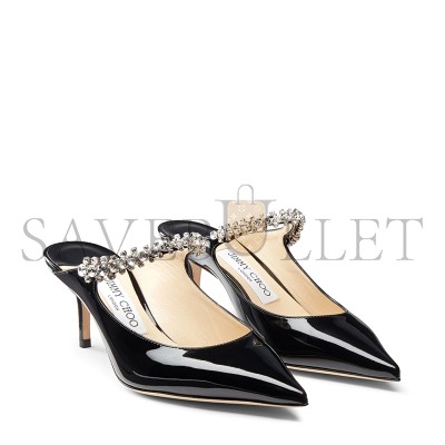 JIMMY CHOO BING 65 BLACK PATENT LEATHER MULES WITH CRYSTAL STRAP BING65PAT