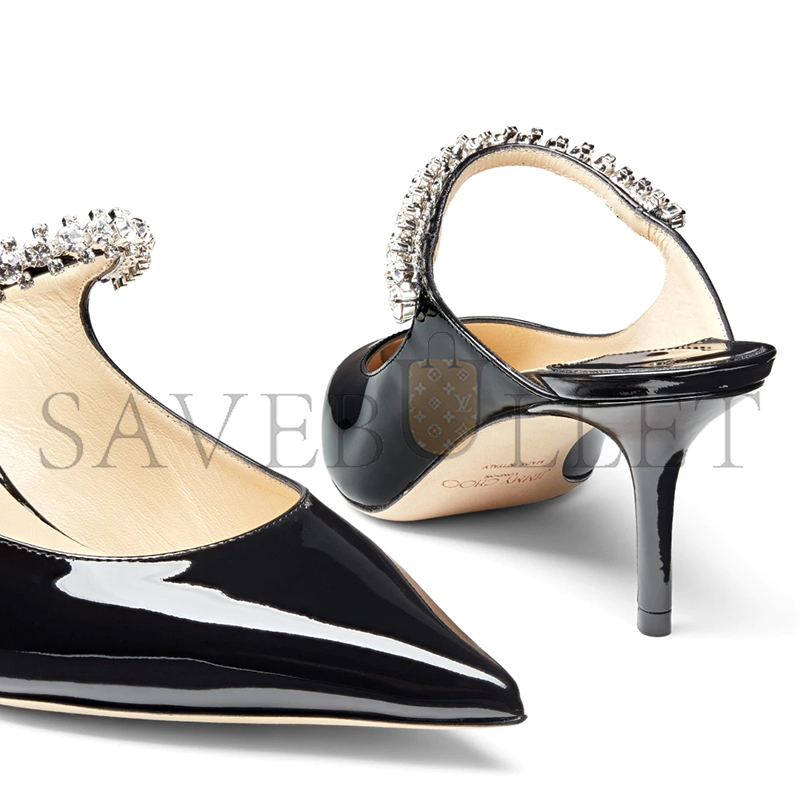 JIMMY CHOO BING 65 BLACK PATENT LEATHER MULES WITH CRYSTAL STRAP BING65PAT