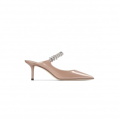 JIMMY CHOO BING 65 BALLET PINK PATENT LEATHER MULES WITH CRYSTAL STRAP BING65PAT