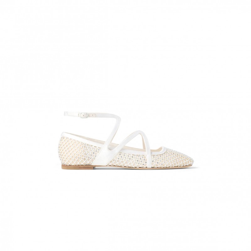 JIMMY CHOO ASTORIA FLAT WHITE CRYSTAL MESH SATIN FLATS ASTORIAFLATQHS JIMMY CHOO ASTORIA FLAT WHITE CRYSTAL MESH SATIN FLATS ASTORIAFLATQHS