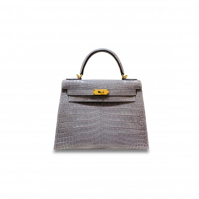 HERMÈS MASTER KELLY 28 ALLIGATOR GLACIER GREY GOLD BUCKLE (28*22*10cm) 