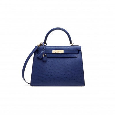 HERMÈS MASTER OSTRICH SELLIER KELLY 28 IRIS BLUE WITH GOLD HARDWARE (28*22*10cm) 