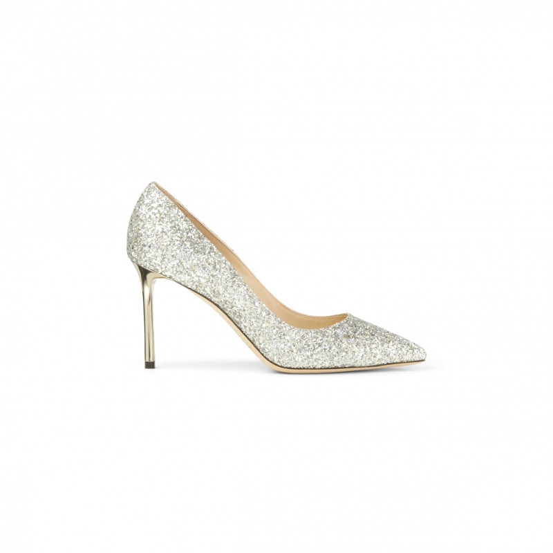 JIMMY CHOO ROMY 85 CHAMPAGNE COARSE GLITTER FABRIC POINTY TOE PUMPS ROMY85CGF JIMMY CHOO ROMY 85 CHAMPAGNE COARSE GLITTER FABRIC POINTY TOE PUMPS ROMY85CGF