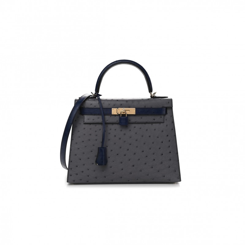 HERMÈS MASTER OSTRICH HORSESHOE KELLY SELLIER 28 GRIS AGATE BLEU IRIS (28*22*10cm) 
