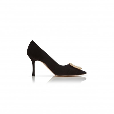 MANOLO BLAHNIK GIBOAUS BLACK SUEDE PEARL BUCKLE PUMPS 125-2895-0004