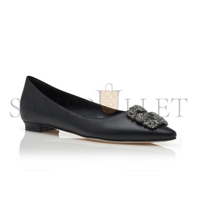MANOLO BLAHNIK HANGISIFLAT BLACK CALF LEATHER JEWEL BUCKLE FLAT PUMPS 121-1657-0001 MANOLO BLAHNIK HANGISIFLAT BLACK CALF LEATHER JEWEL BUCKLE FLAT PUMPS 121-1657-0001