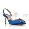 MANOLO BLAHNIK HANGISLI BLUE SATIN JEWEL BUCKLE SLINGBACK PUMPS 419-0473-0010 MANOLO BLAHNIK HANGISLI BLUE SATIN JEWEL BUCKLE SLINGBACK PUMPS 419-0473-0010