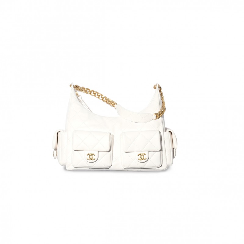 CHANEL MAXI HOBO BAG SHINY LAMBSKIN & GOLD-TONE METAL WHITE AS5302 (35*27*18cm) CHANEL MAXI HOBO BAG SHINY LAMBSKIN & GOLD-TONE METAL WHITE AS5302 (35*27*18cm)