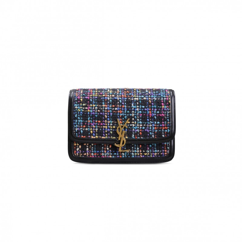 YSL SOLFERINO MEDIUM SATCHEL WOVEN WOOL SHOULDER BAG IN NERO&MULTICOLOR 634305245521 (23*16*6cm)