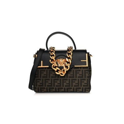 FENDI X VERSACE GRAINED CALFSKIN FENDACE  LA MEDUSA TOP HANDLE BAG BLACK BROWN (25*22*15cm) 