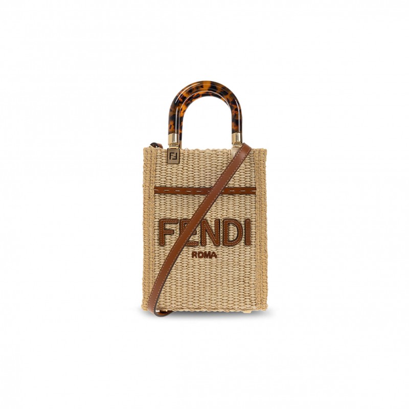 FENDI SUNSHINE MINI STRAW & LEATHER TOTE (18*13.5*5.5cm) 