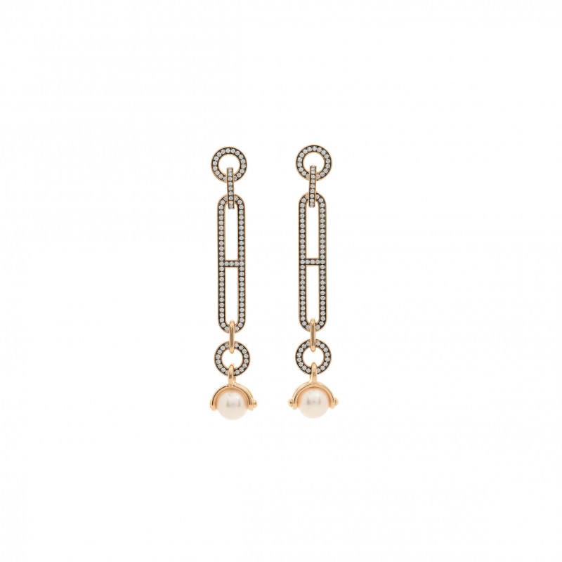 HERMÈS 18K ROSE GOLD DIAMOND PEARL PM CHANDRA DROP EARRINGS 