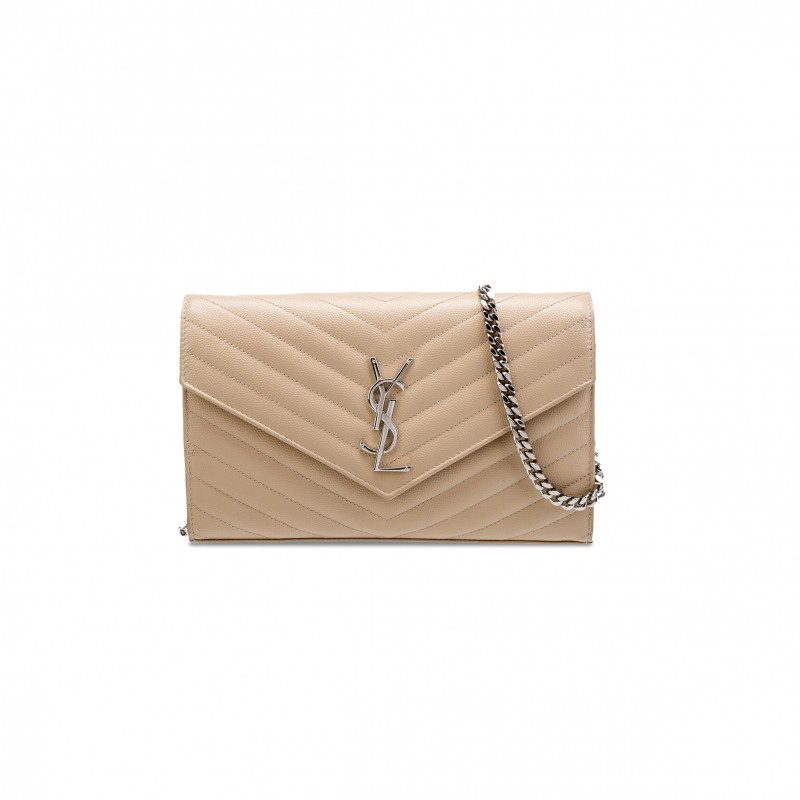 YSL CASSANDRE MATELASSÉ ENVELOPE CHAIN WALLET IN GRAIN DE POUDRE EMBOSSED LEATHER 695108311257 (19*12.5*3.5cm)