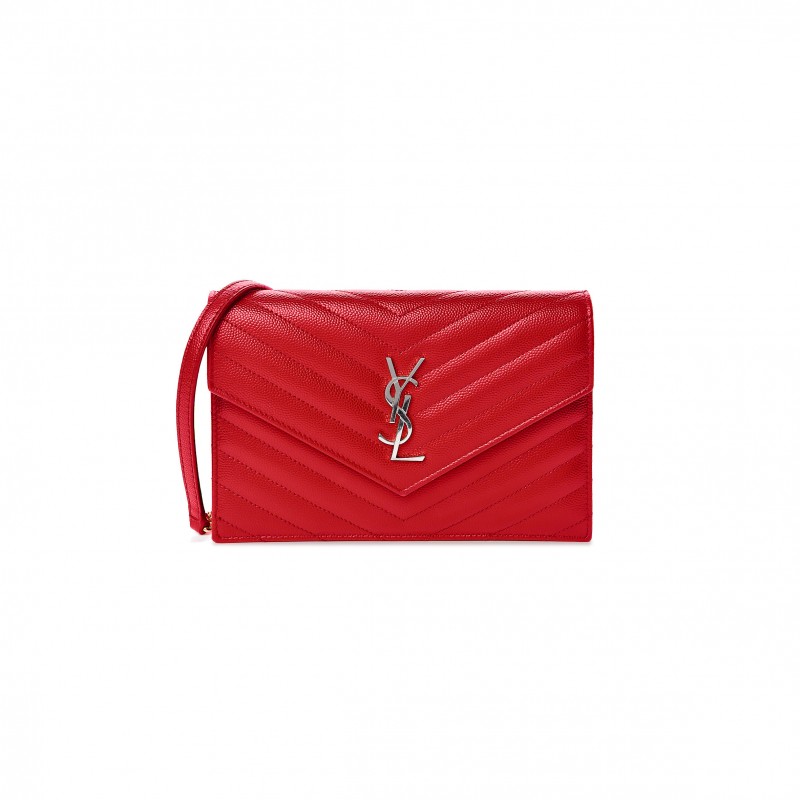 YSL CASSANDRE MATELASSÉ ENVELOPE CHAIN WALLET IN GRAIN DE POUDRE EMBOSSED LEATHER 695108406611 (19*12.5*3.5cm)
