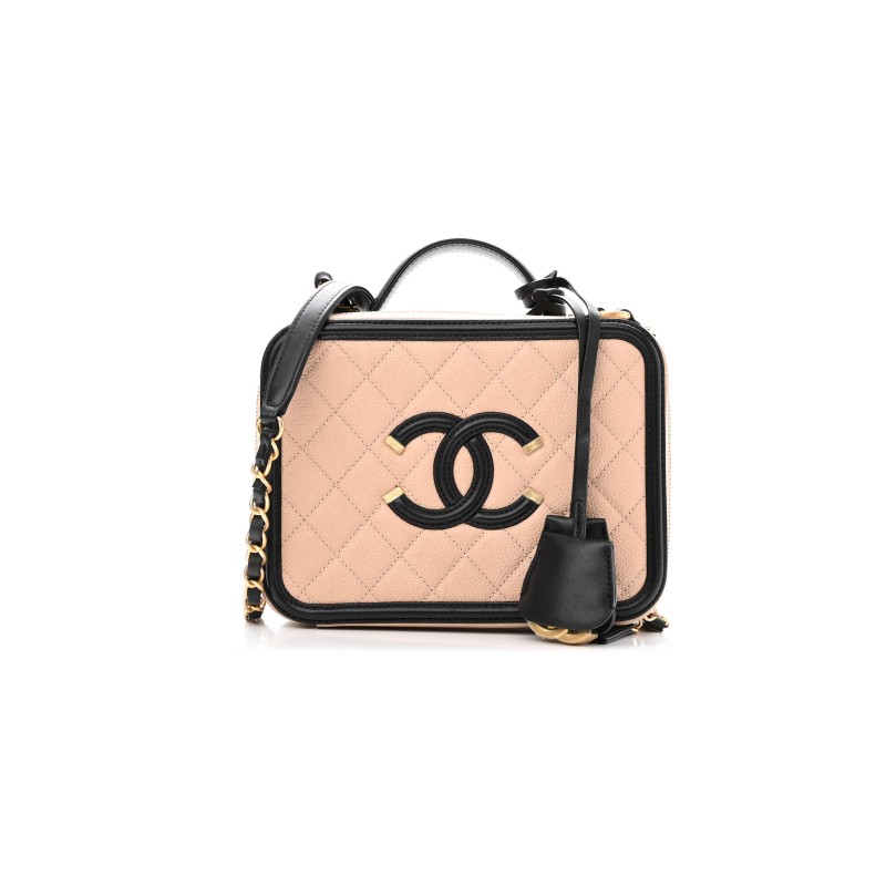 CHANEL CAVIAR QUILTED MEDIUM CC FILIGREE VANITY CASE BEIGE BLACK (20*15*8cm) 