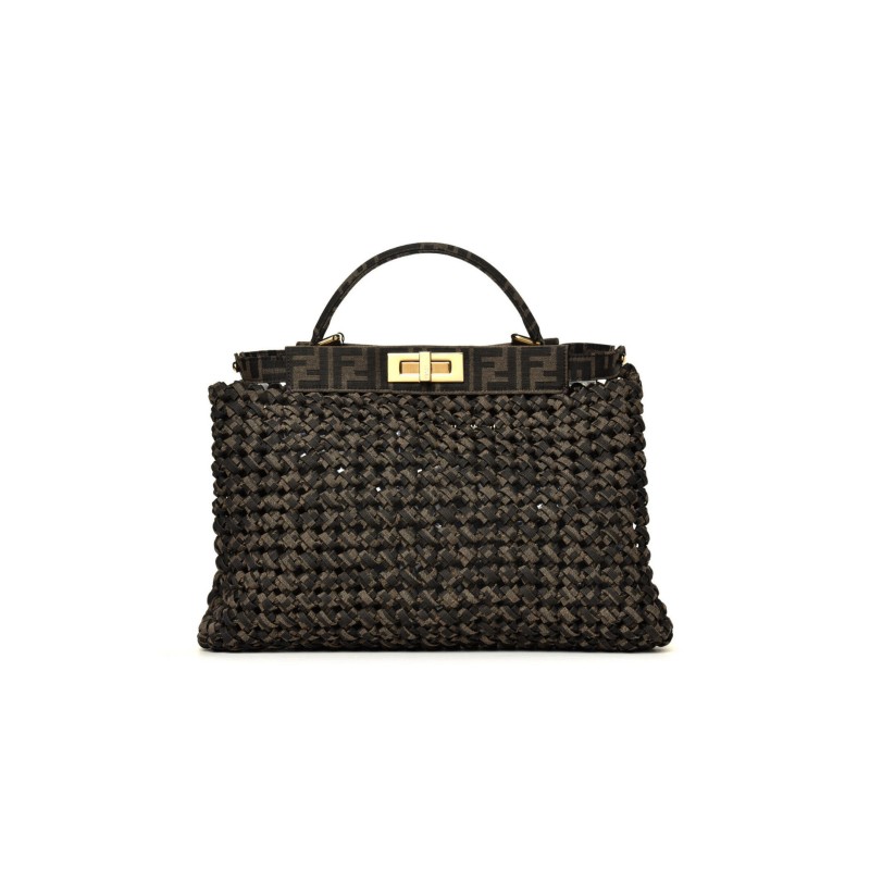 FENDI FABRIC JACQUARD FF 1974 WOVEN KNOTTED MEDIUM PEEKABOO ICONIC SATCHEL TOBACCO MORO (34*25*13cm) 