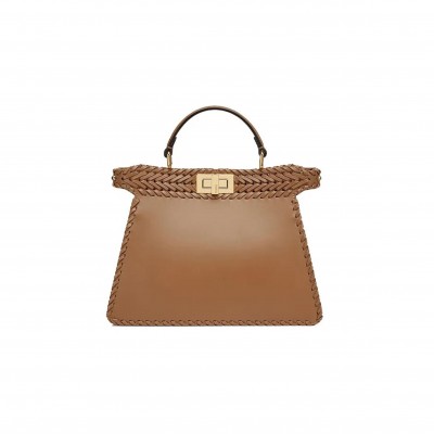 FENDI VITELLO KING CEYLON SHINY NAPPA WOVEN SMALL PEEKABOO I SEE U SATCHEL SAND 8BN327AHVYF11WP (33*26*14cm)