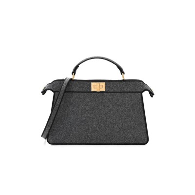 FENDI MELANGE FLANNEL SATIN THREADED EDGE MEDIUM PEEKABOO I SEE U EAST WEST SATCHEL GRIGIO BOIS DE ROSE (29*19*11cm) 