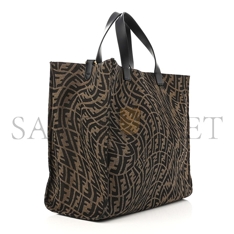 FENDI X SARAH COLEMAN FABRIC JACQUARD VITELLO KING FF VERTIGO SHOPPING TOTE BAG TOBACCO MORO BLACK (39*35*19cm) 
